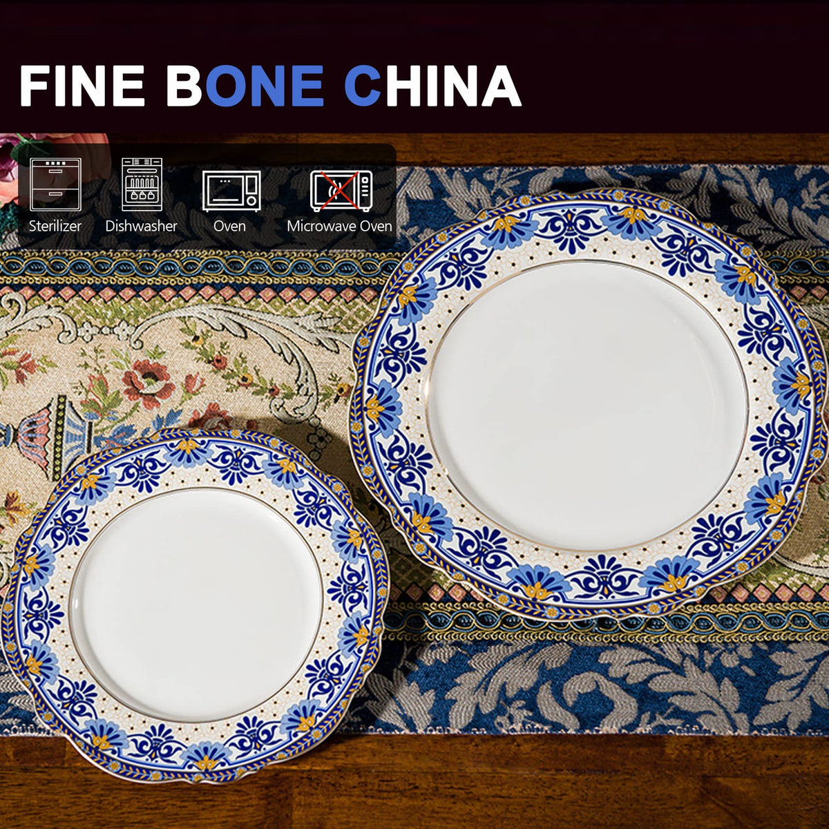 Tea Coffee Cup and Saucer Set, Bone China Dinnerware Set for 4, Blue and White L282