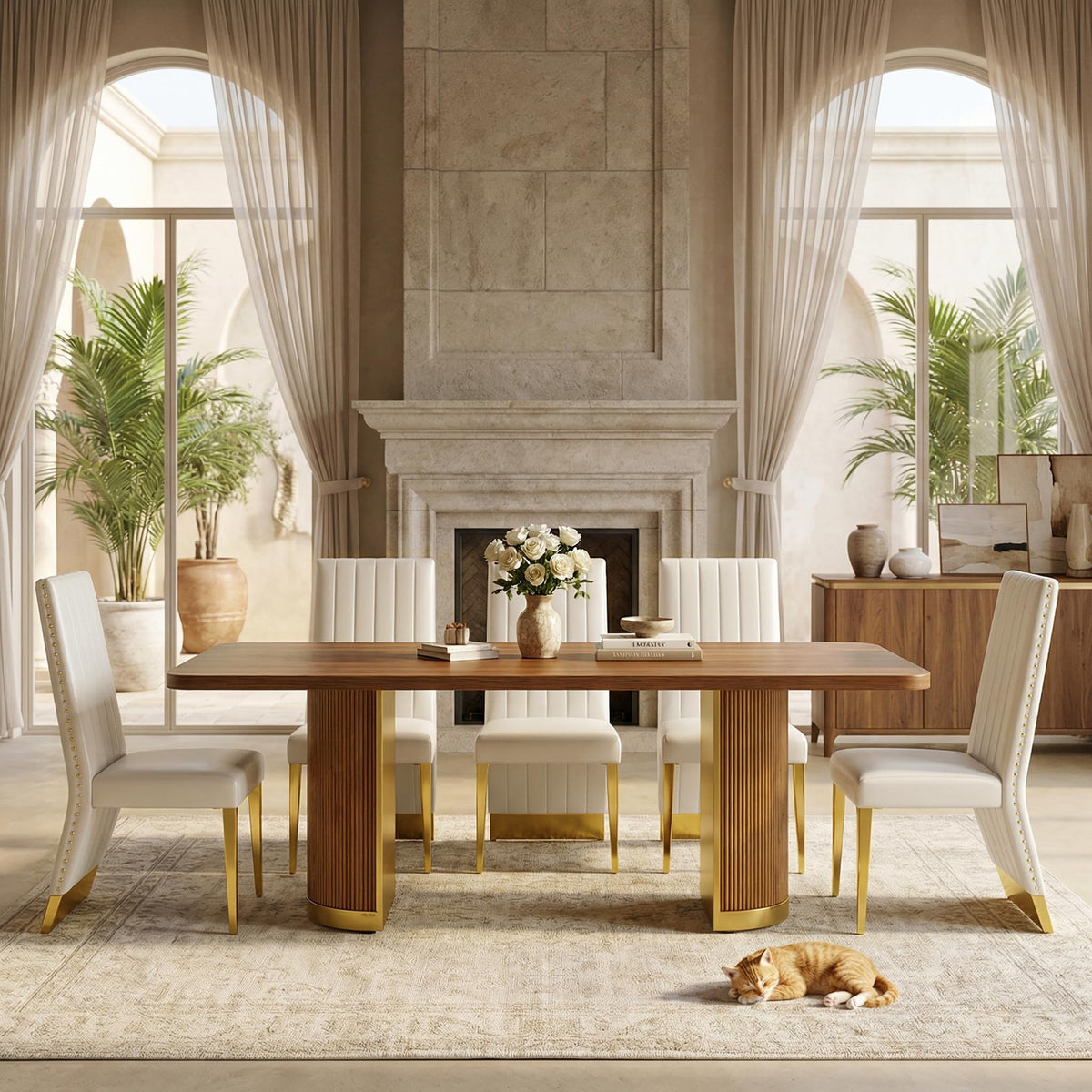 78" Walnut Dining Table Set with White Leather Chairs for 8 K7429