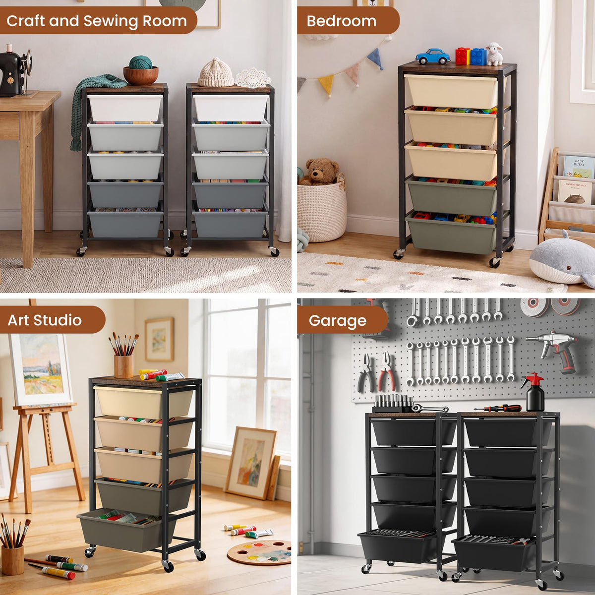 Black 5 Drawer Rolling Storage Cart with Wooden Tabletop G948