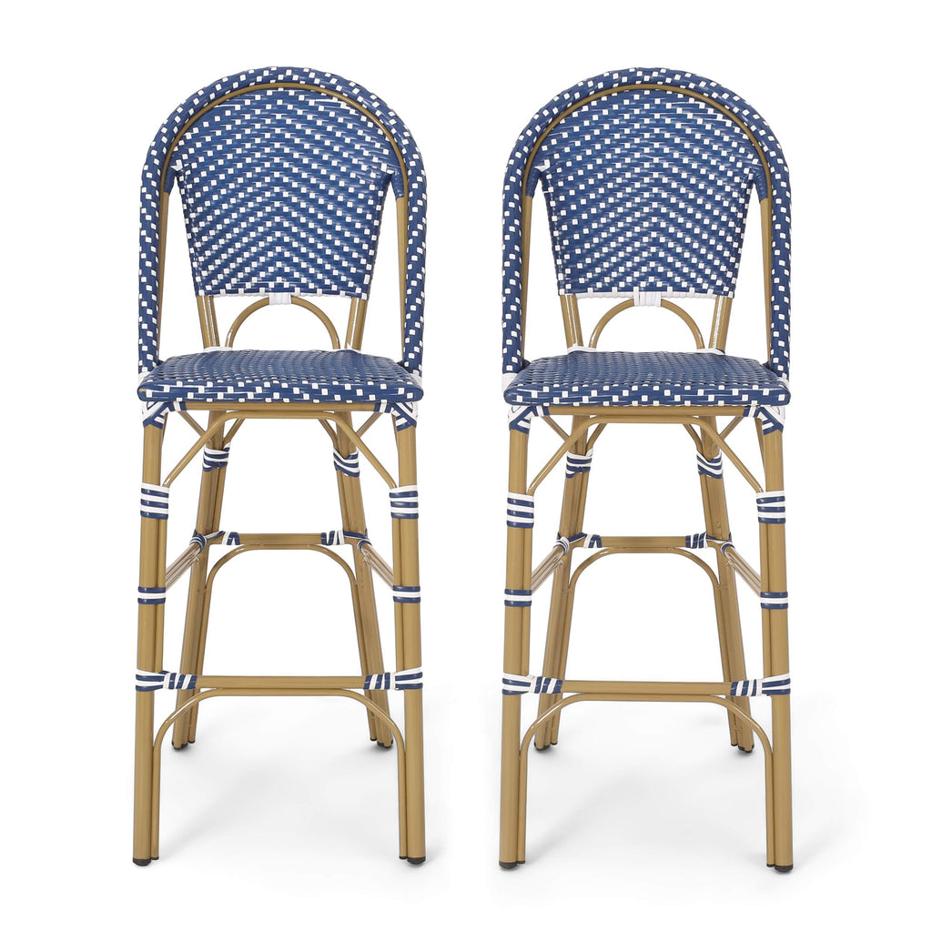 29.5" H Outdoor Bar Stools Set of 2 PE Rattan Aluminum Dark Teal & White X2225