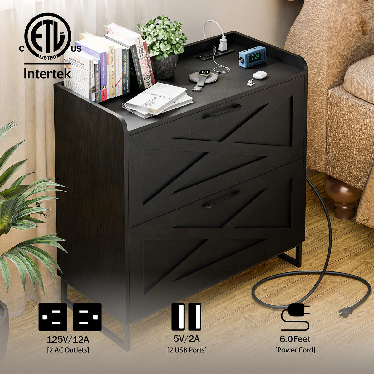 2 Drawer Black File Cabinet with Charging Station Z6693