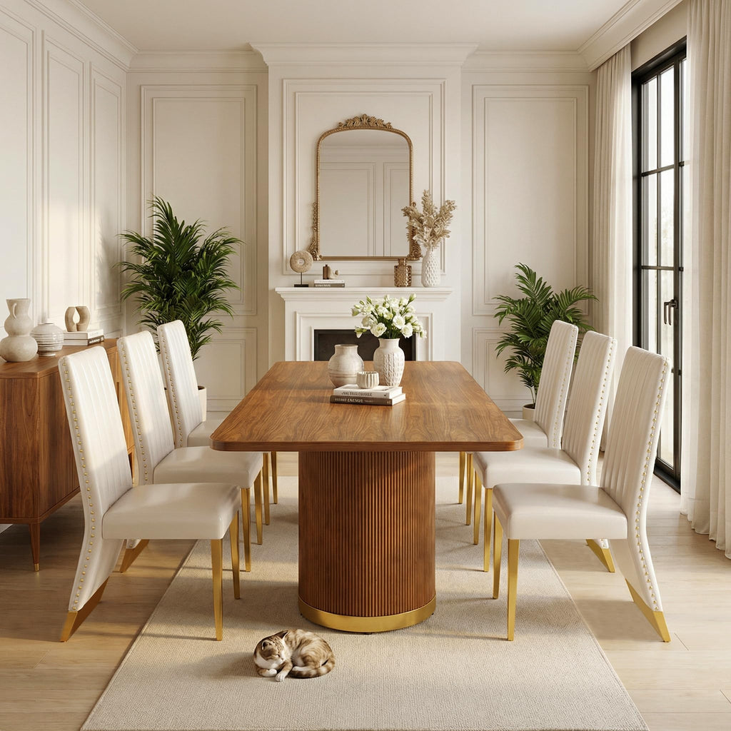 78" Walnut Dining Table Set with White Leather Chairs for 8 K7429