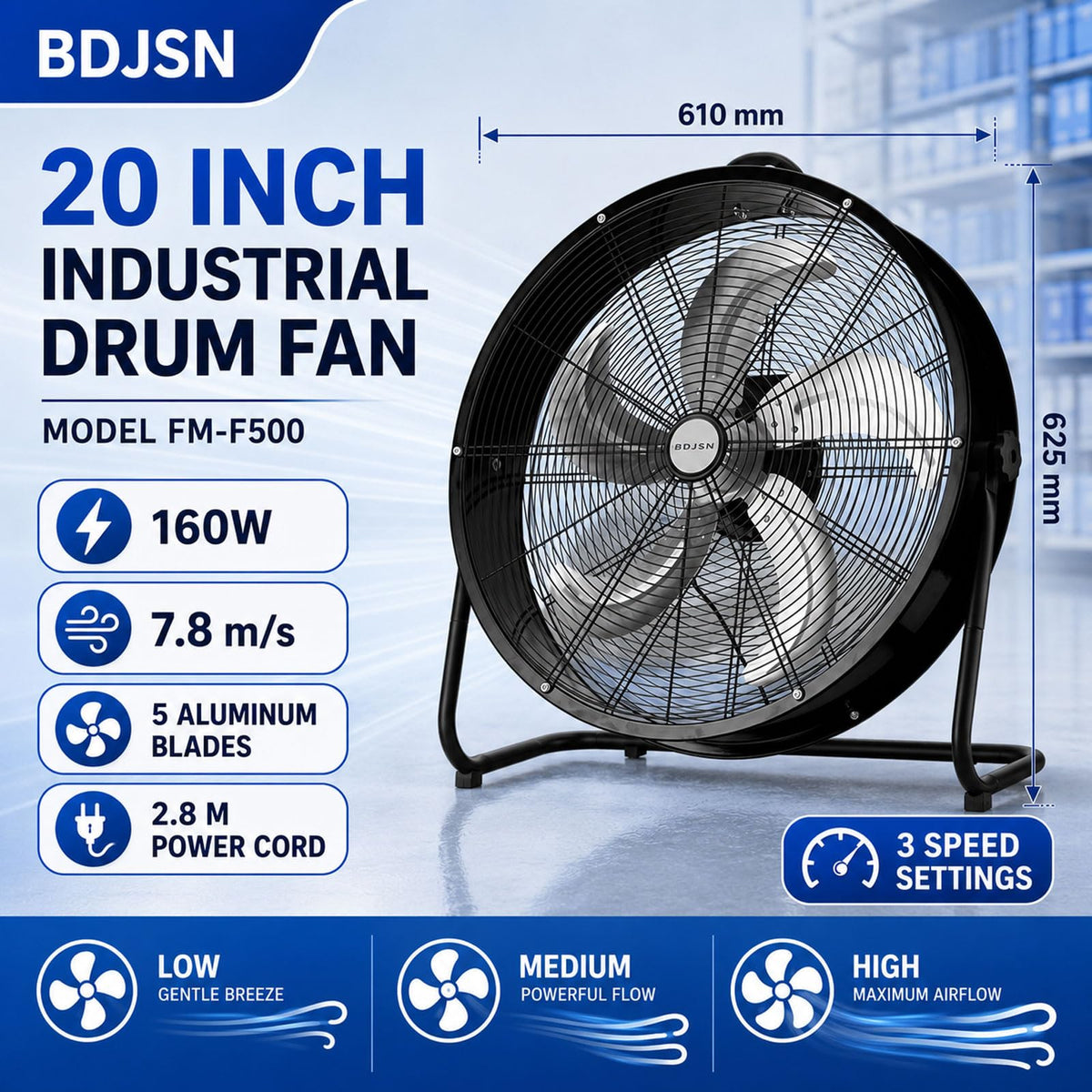 3-speed High Velocity Drum Fan with 5 Aluminium Blades D234147