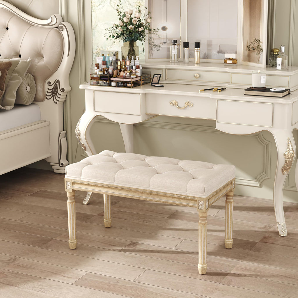 Beige Upholstered Bench with Carved Wood Legs D677034