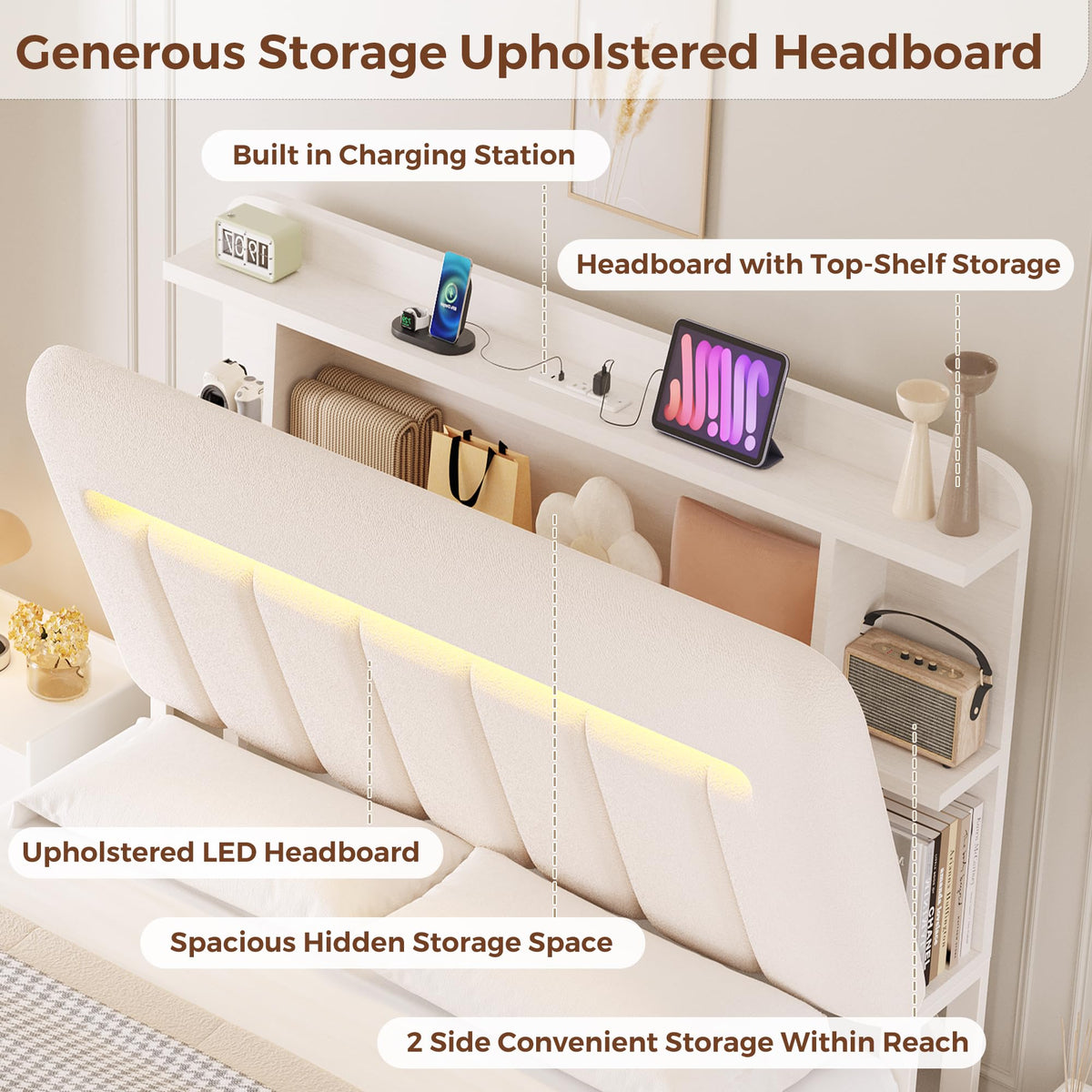 White Upholstered Storage Bed Frame Full Size with Drawers and Charging Station D40669