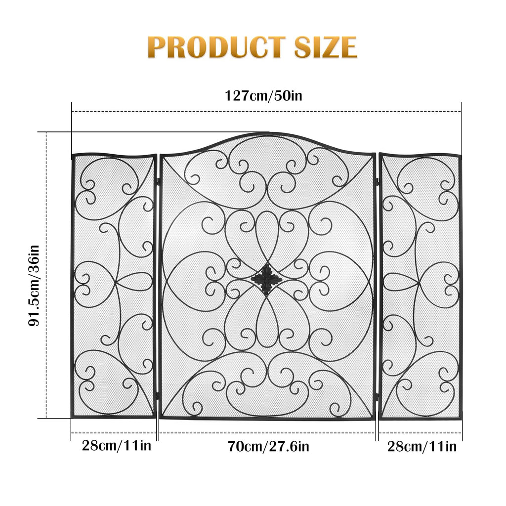 Black 3 Panel Foldable Wrought Iron Fireplace Screen F1948