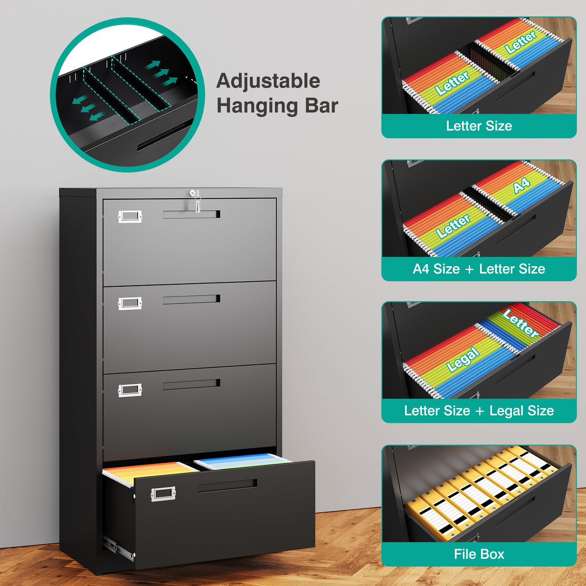 Black 4 Drawer Metal Lateral File Cabinet with Lock H442322