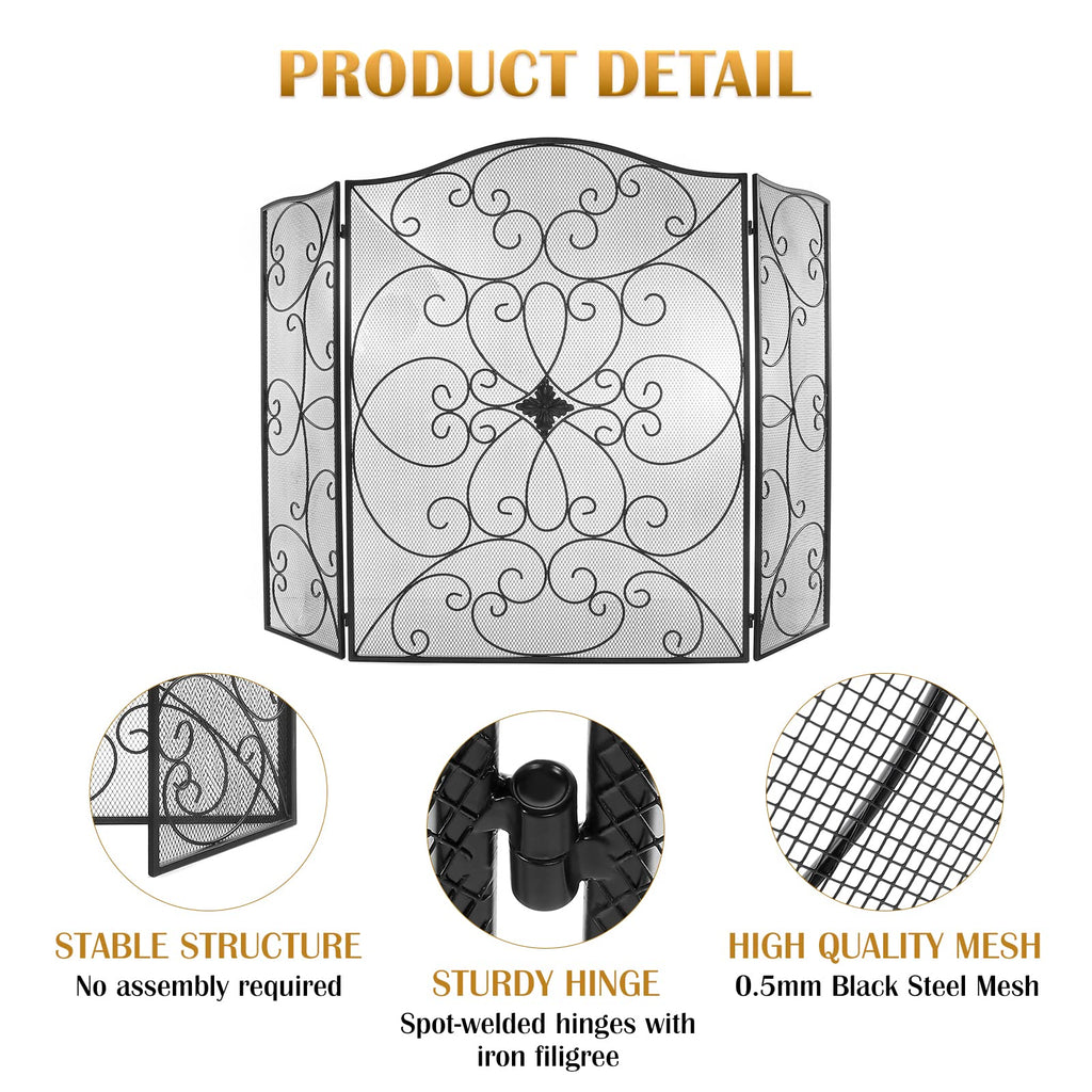 Black 3 Panel Foldable Wrought Iron Fireplace Screen F1948