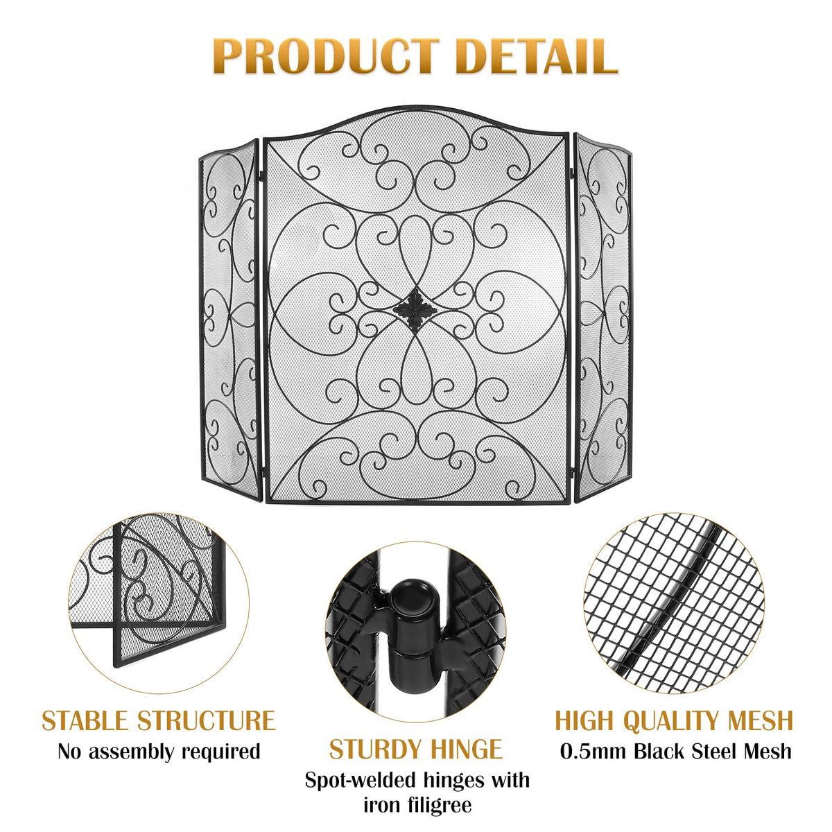 Black 3 Panel Foldable Wrought Iron Fireplace Screen F1948
