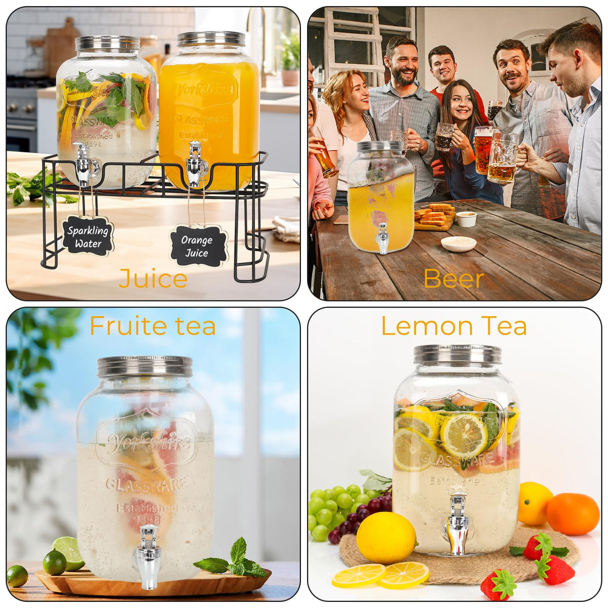 2 Pack 1 Gallon Glass Drink Dispensers with Stand S486
