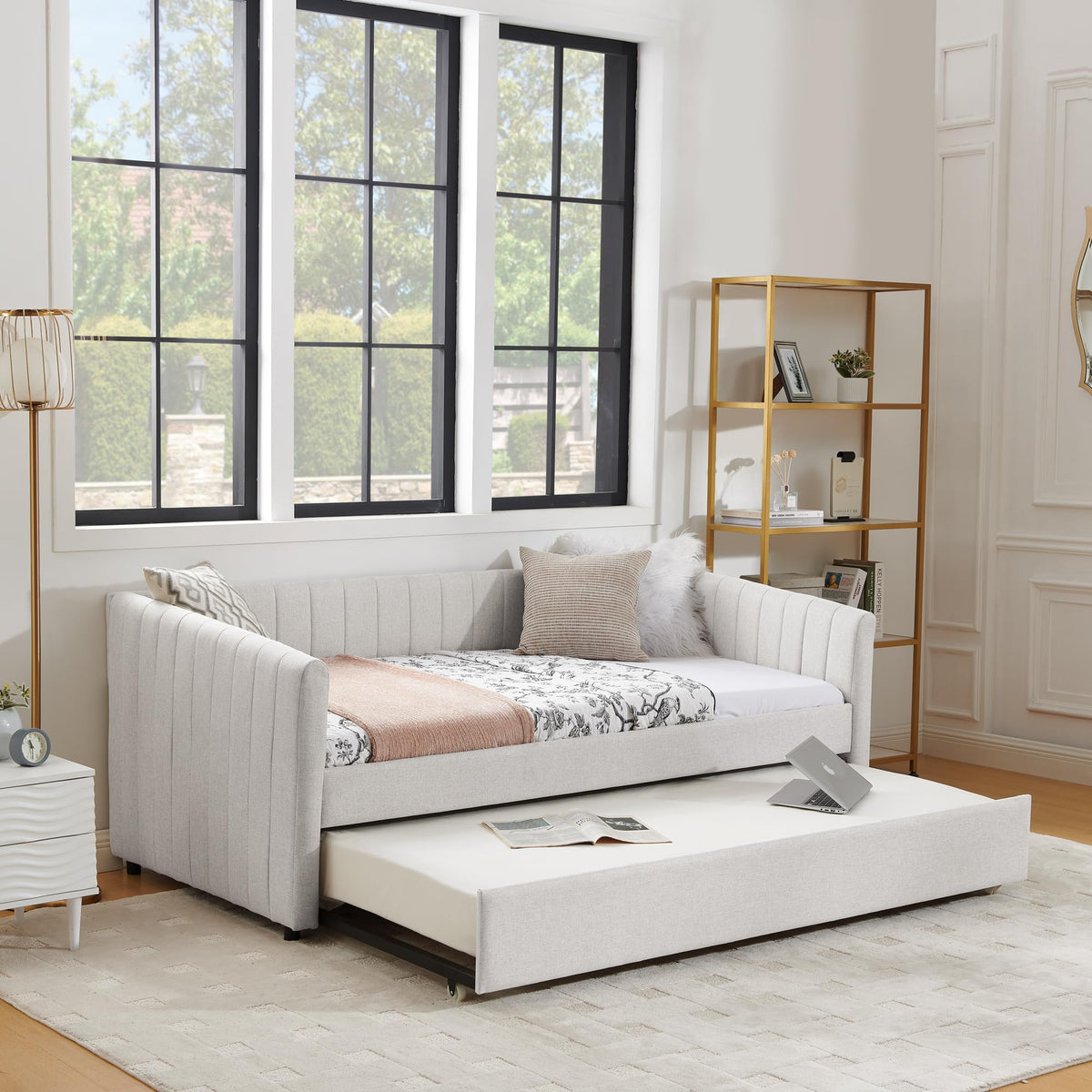 Twin Size Upholstery Daybed with Trundle and Vertical Stripes F215