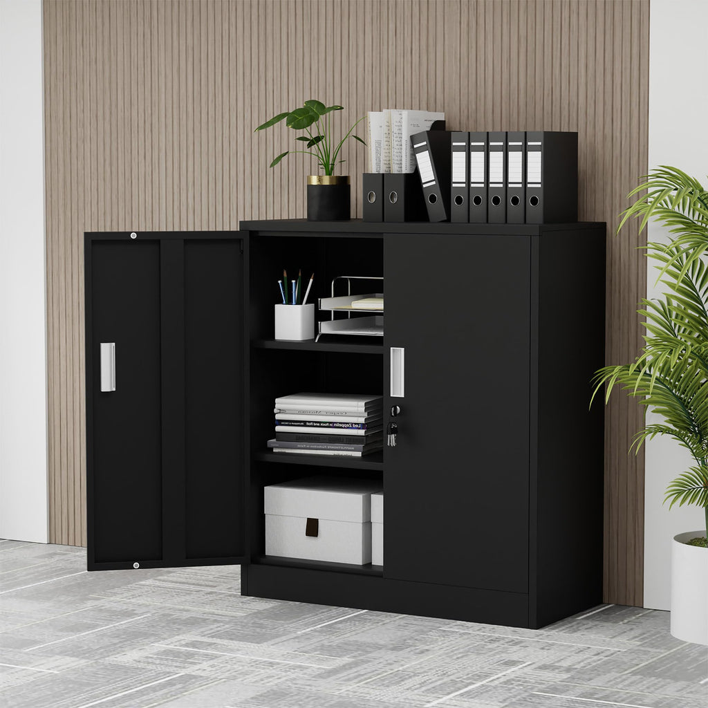 Metal Storage Cabinet with Locking Doors and 2 Adjustable Shelves, Black C827