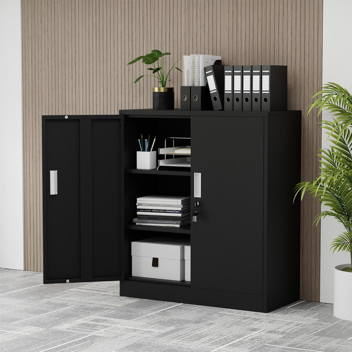 Metal Storage Cabinet with Locking Doors and 2 Adjustable Shelves, Black C827