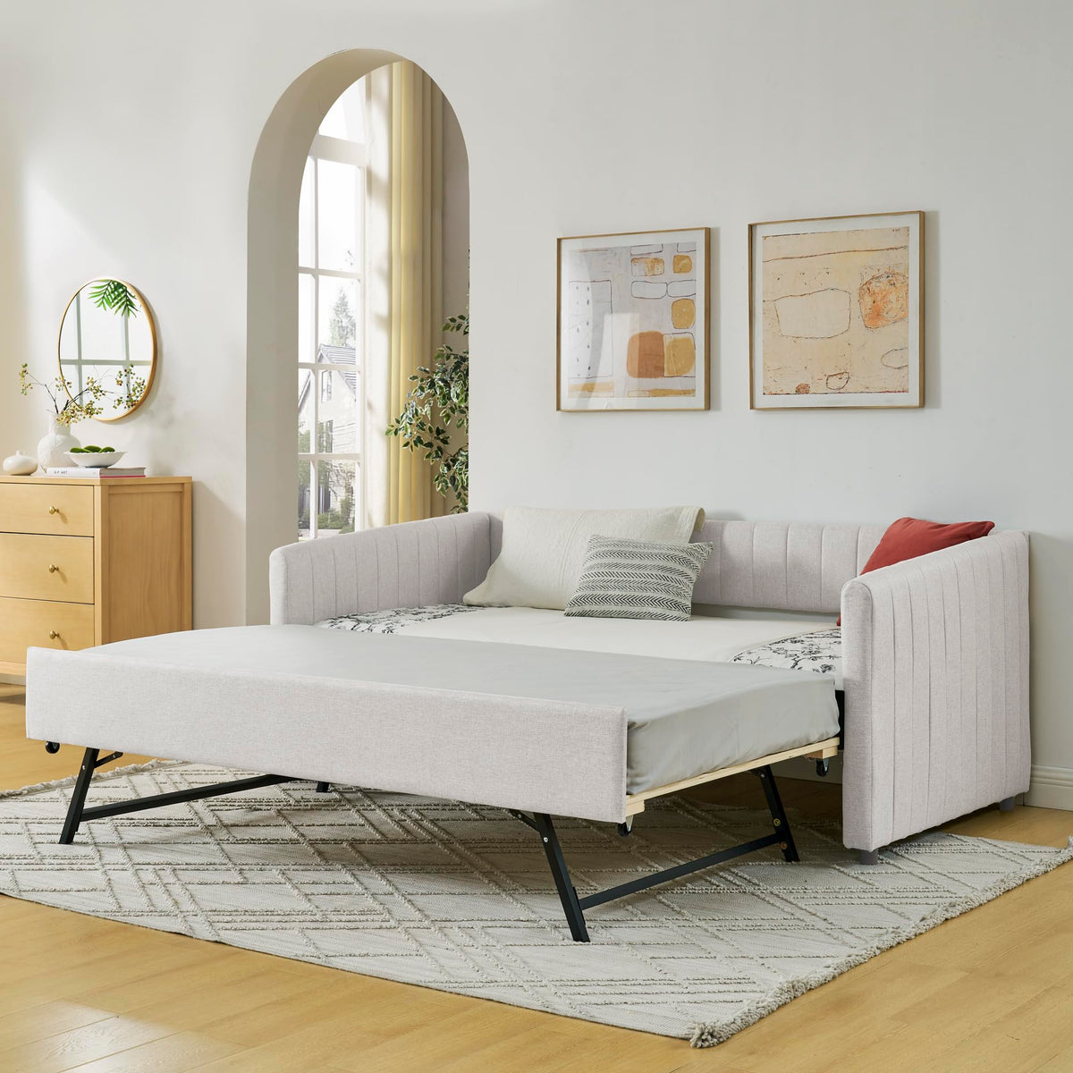 Twin Size Upholstery Daybed with Trundle and Vertical Stripes F215