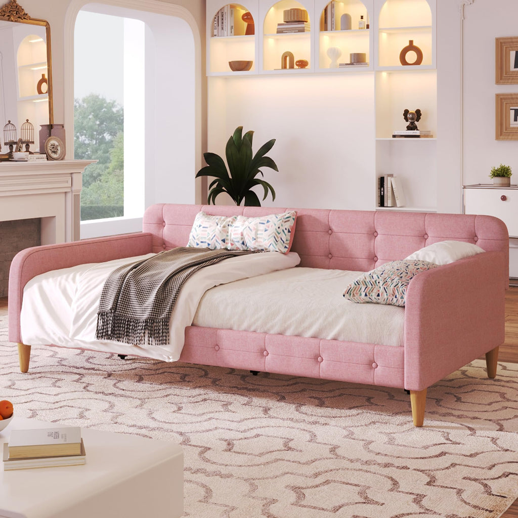 Twin Linen Upholstered Daybed Sofa Bed with Button Tufted Design P8092