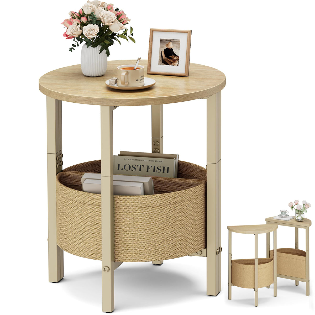 Small Round Side Table with Storage Basket, Set of 2 R779