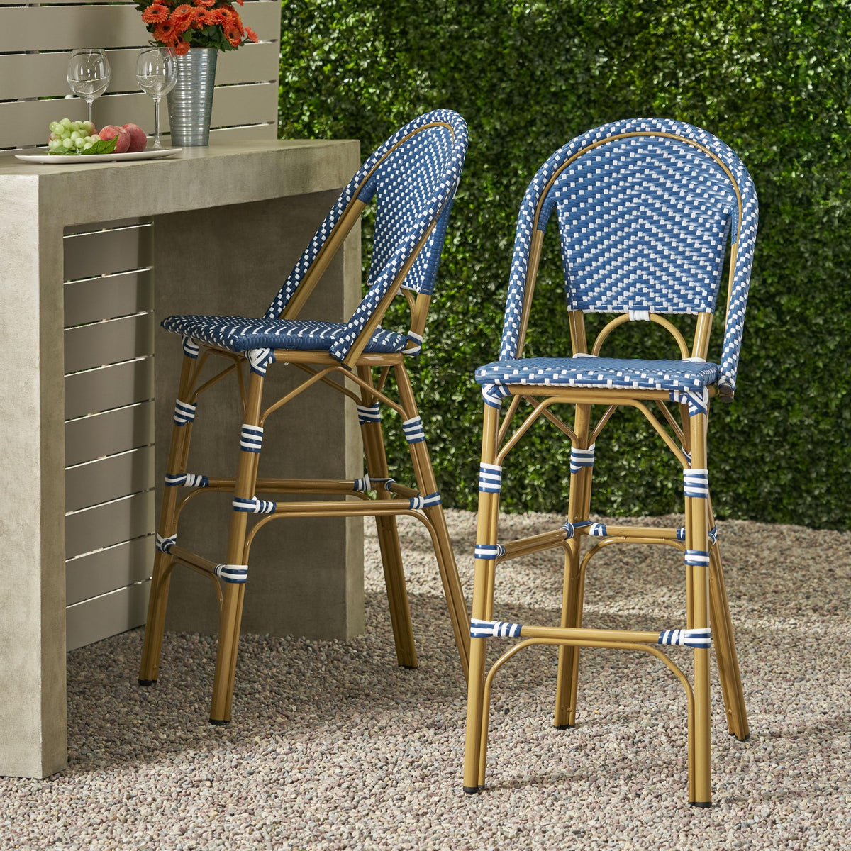 29.5" H Outdoor Bar Stools Set of 2 PE Rattan Aluminum Dark Teal & White X2225