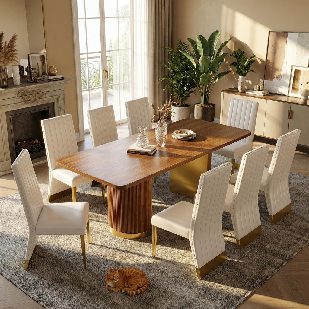 78" Walnut Dining Table Set with White Leather Chairs for 8 K7429