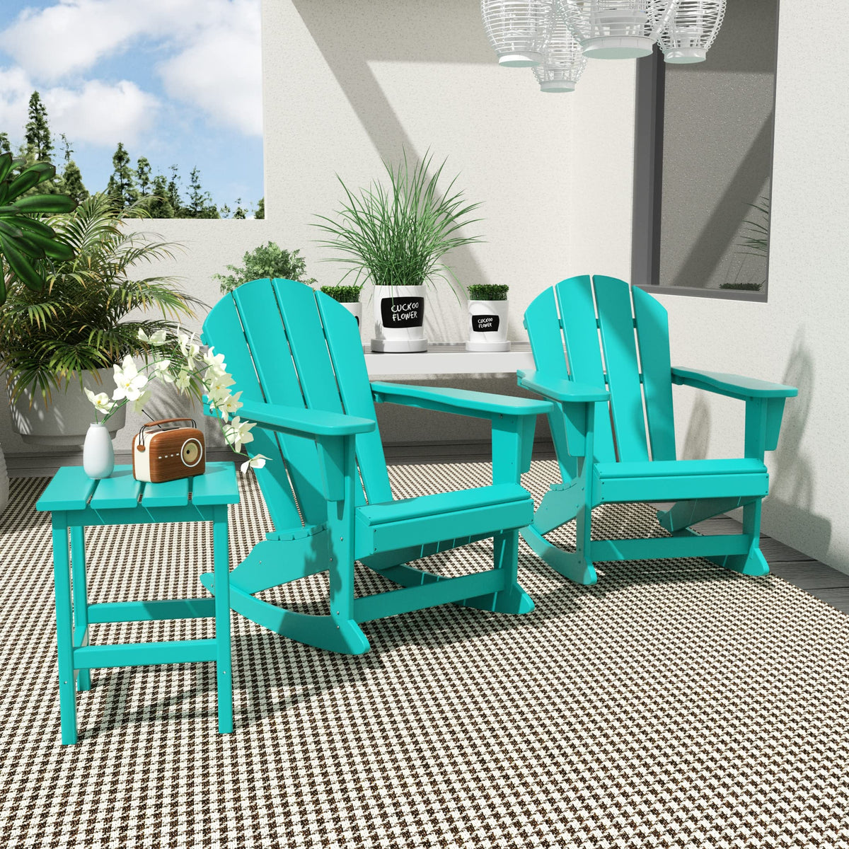 HDPE Turquoise Poly Adirondack Rocking Chair 3-Piece Set with Side Table E153848