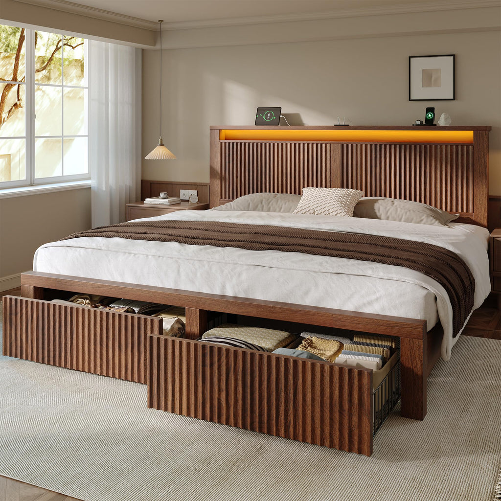 King Bed Frame with 2 Drawers and Storage Headboard P6667