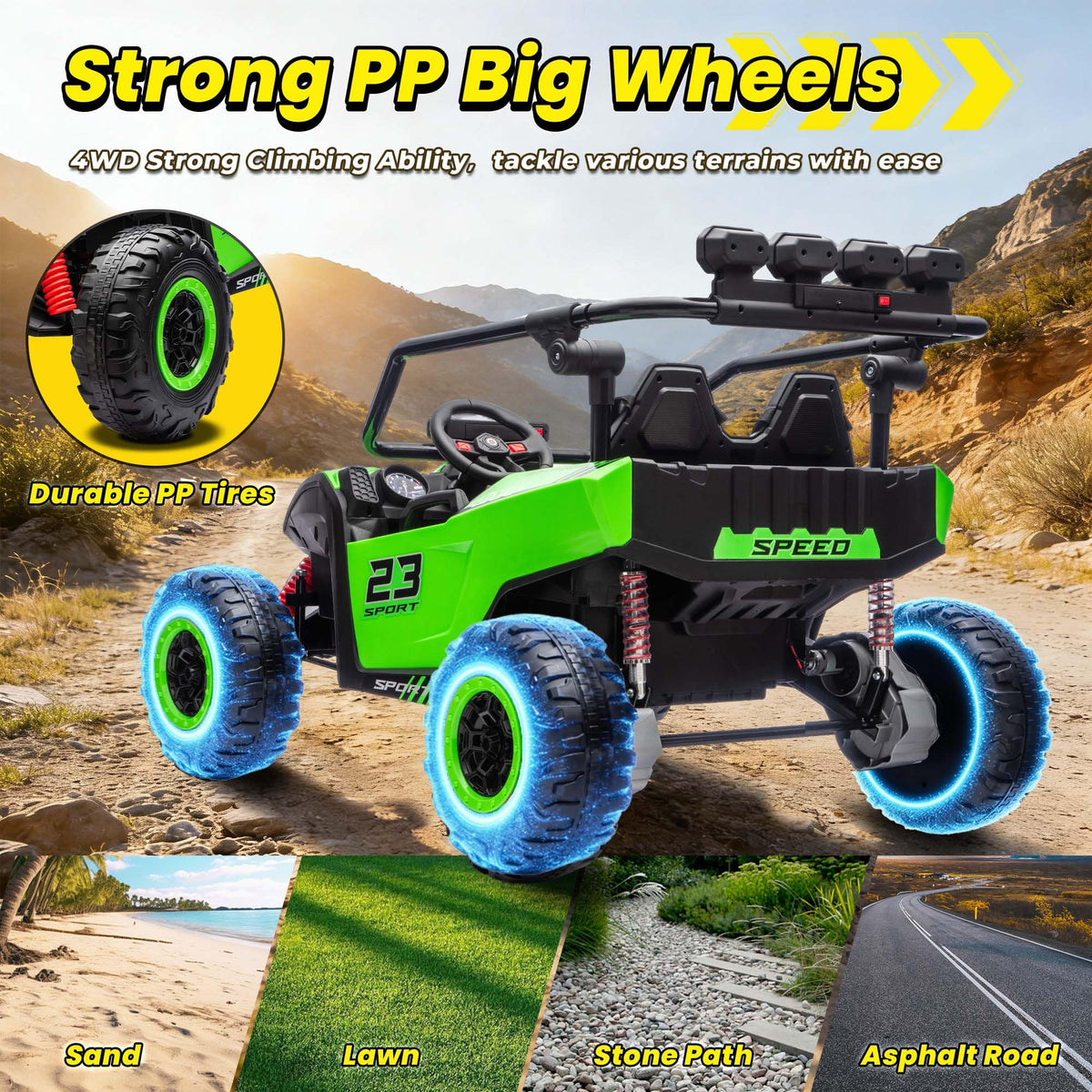 2-Seater Kids UTV with 4x200W Motor, 3-6MPH, Green E124010