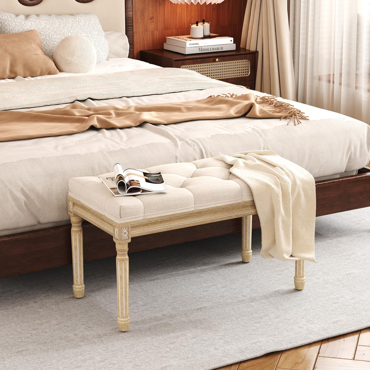 Beige Upholstered Bench with Carved Wood Legs D677034