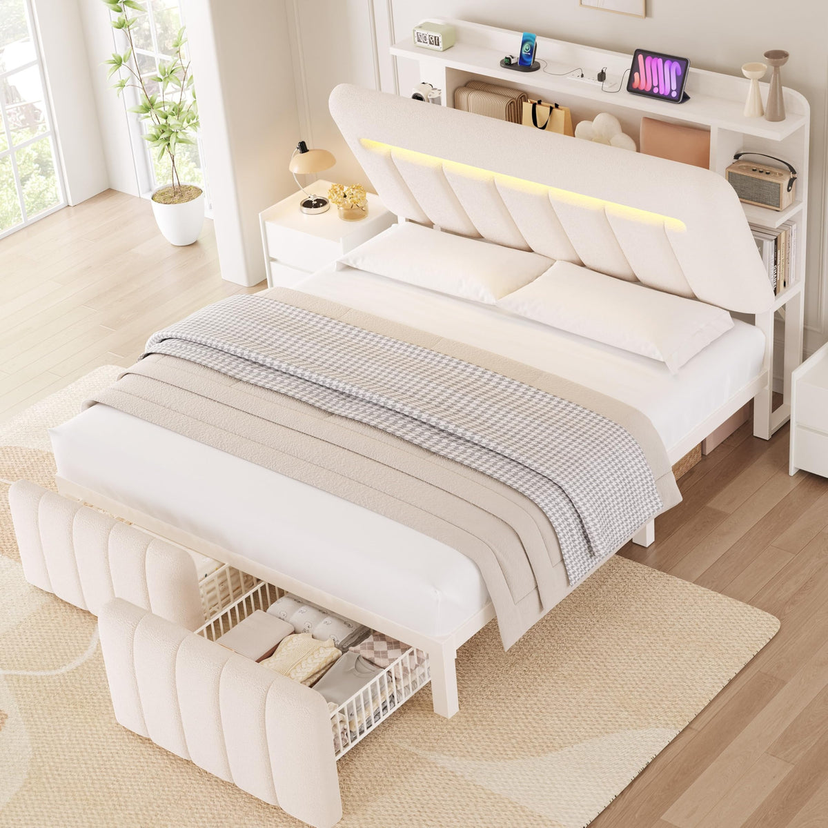 White Upholstered Storage Bed Frame Full Size with Drawers and Charging Station D40669