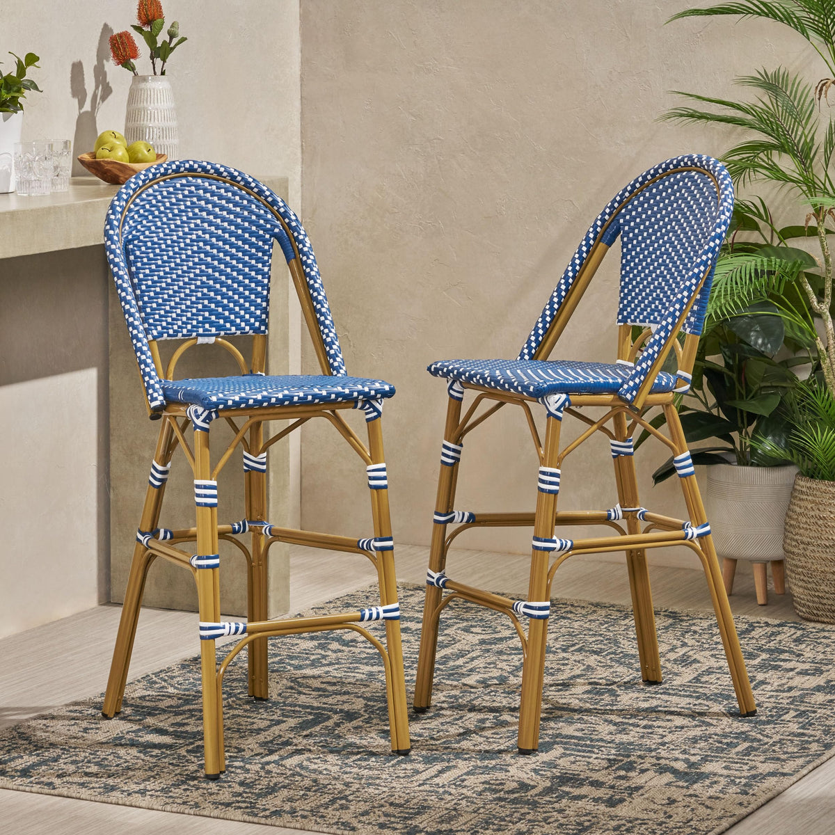 29.5" H Outdoor Bar Stools Set of 2 PE Rattan Aluminum Dark Teal & White X2225