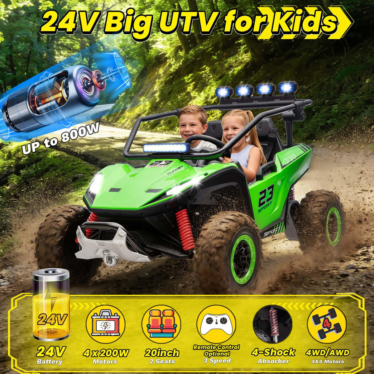 2-Seater Kids UTV with 4x200W Motor, 3-6MPH, Green E124010