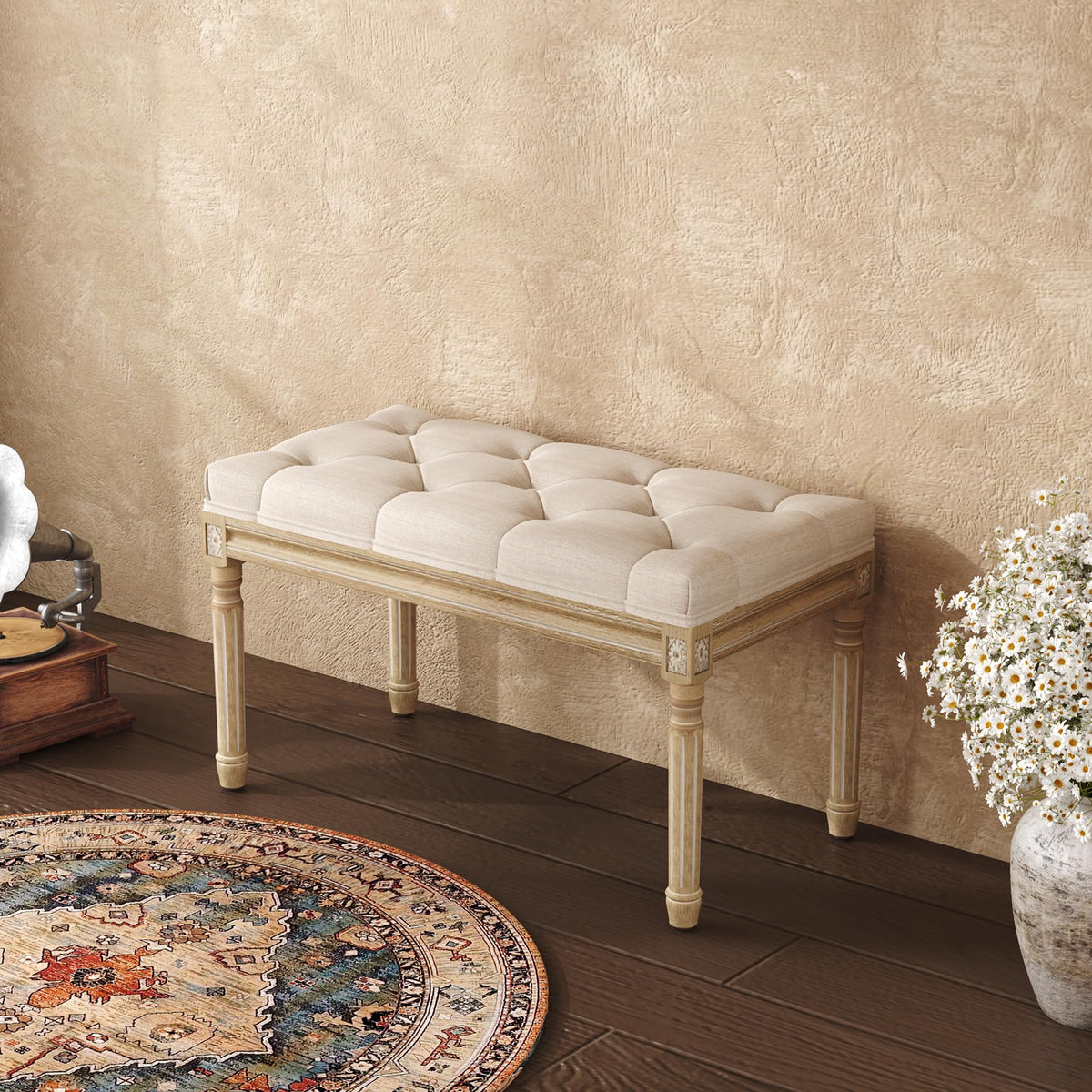 Beige Upholstered Bench with Carved Wood Legs D677034
