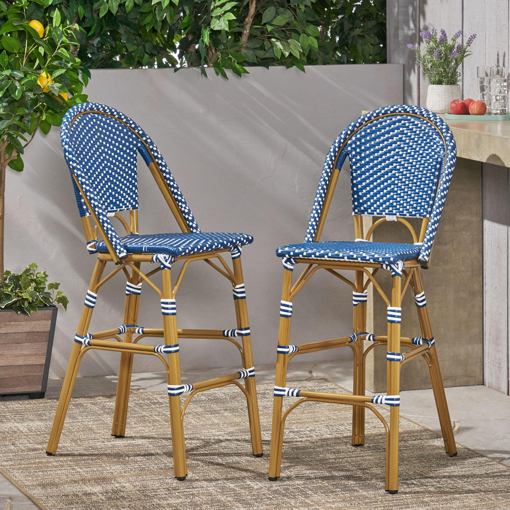 29.5" H Outdoor Bar Stools Set of 2 PE Rattan Aluminum Dark Teal & White X2225