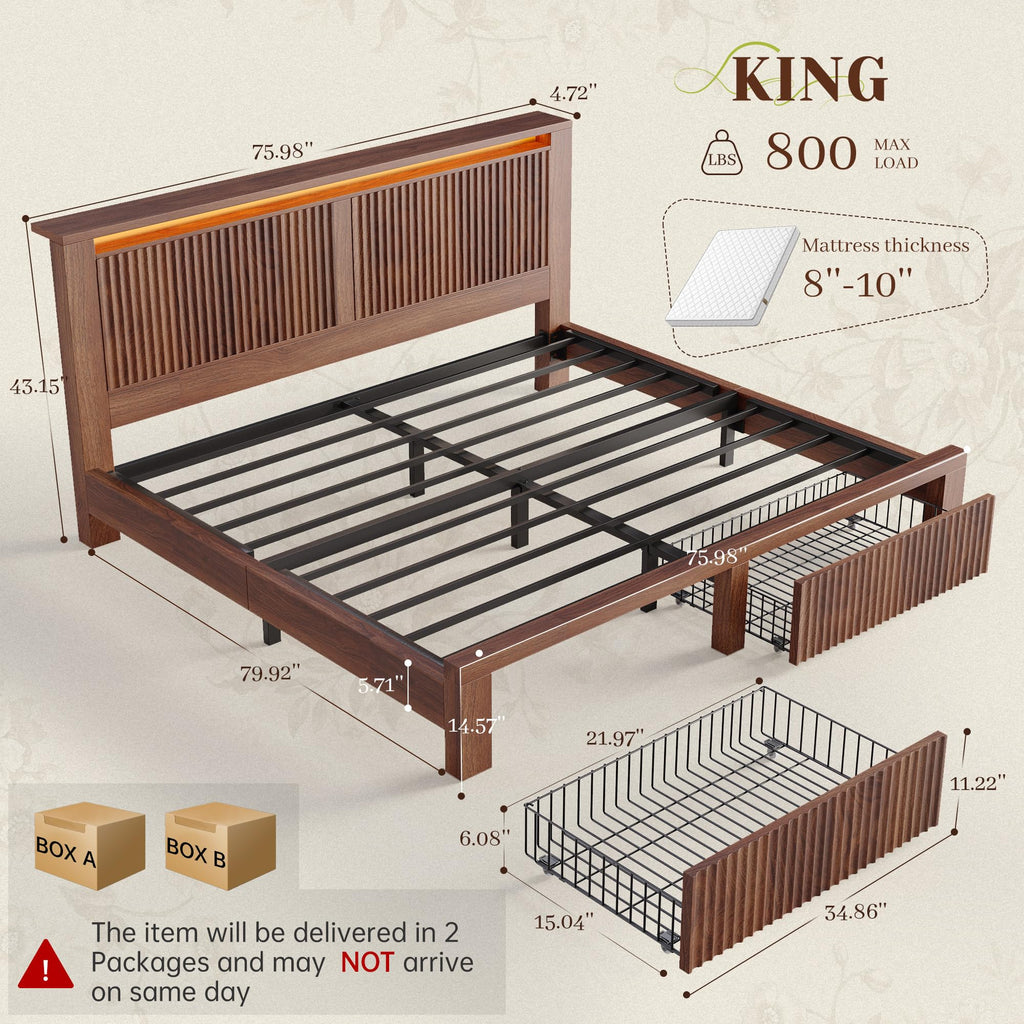 King Bed Frame with 2 Drawers and Storage Headboard P6667