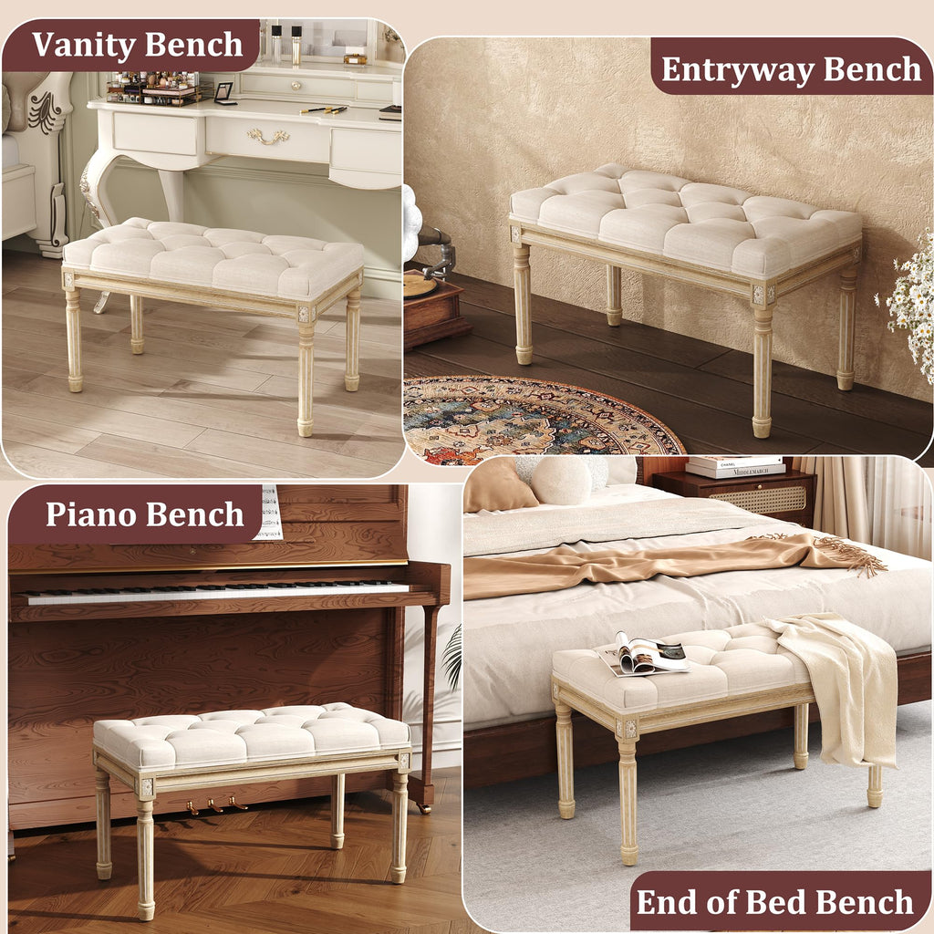 Beige Upholstered Bench with Carved Wood Legs D677034